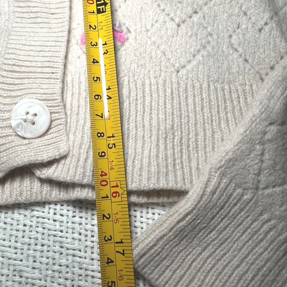 Aqua Cashmere Floral Embroidered Pointelle Heart Cardigan Cream Ivory Medium - Picture 6 of 7